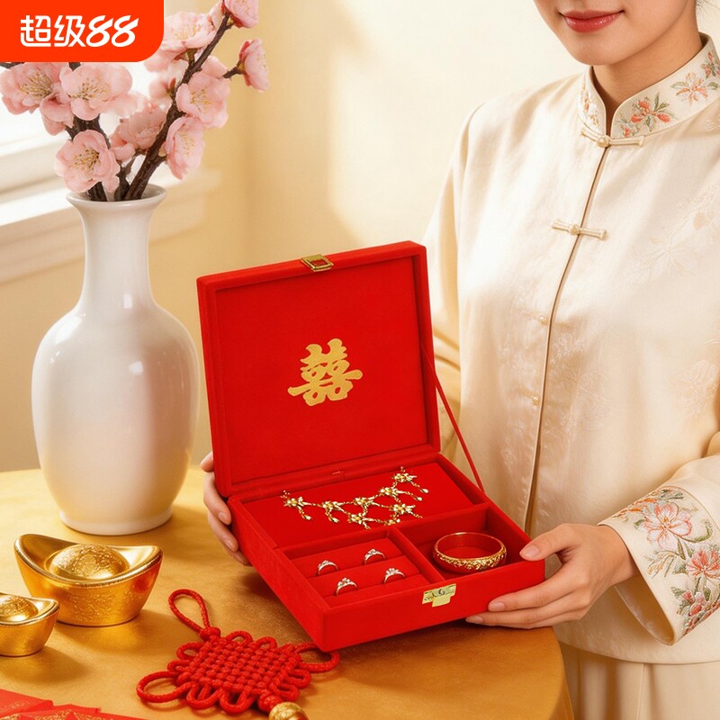 中式婚礼嫁妆盒礼金盒下聘手镯陪嫁黄金首饰盒结婚用品珠宝戒指图片