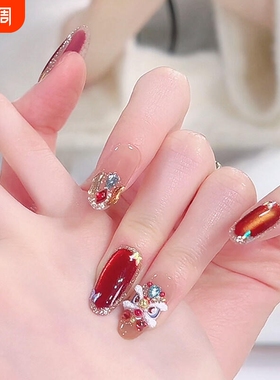 立体醒狮新年大吉猫眼穿戴甲红色闪钻蝴蝶手工美甲