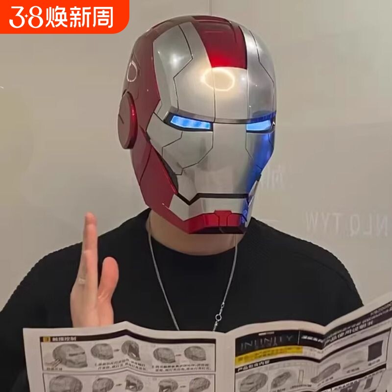 漫威钢铁侠头盔面罩mk5贾维斯可穿戴电动可变形发光成人儿童面具