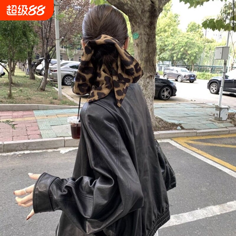 港风布艺方形豹纹褶皱发圈复古高马尾头绳时尚气质高级感发绳发饰