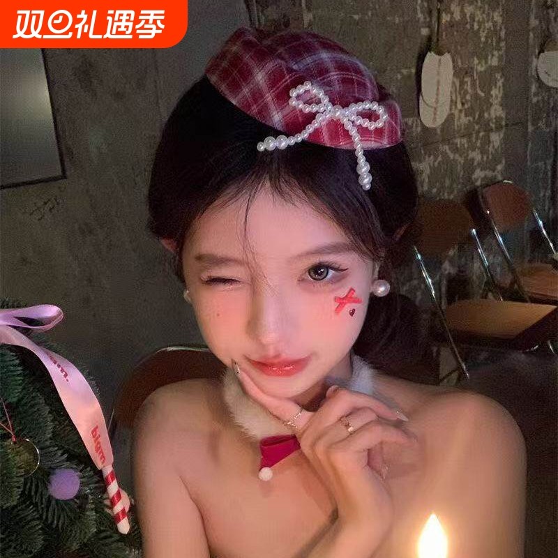 氛围甜美红格圣诞水貂雪花毛球礼帽发夹贝雷帽发饰少女心头拍照女