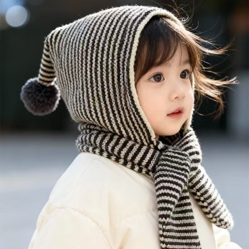儿童帽子条纹围巾一体秋冬季毛线针织护耳帽小女孩百搭洋气包头帽