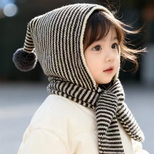 儿童帽子条纹围巾一体秋冬季毛线针织护耳帽小女孩百搭洋气包头帽