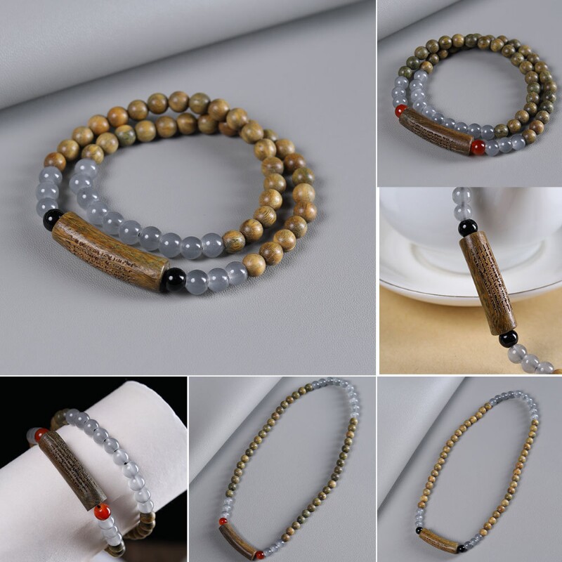 复古天然绿檀木五条经文设计款双圈手链佛珠手串男女情侣文玩念珠