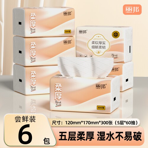 丽邦抽纸家用小包300张擦手纸巾纸抽整箱实惠装餐巾纸卫生面巾纸