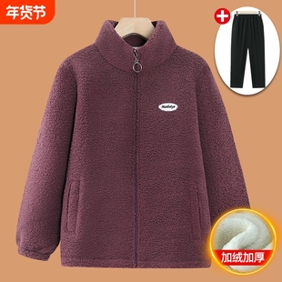 中老年人秋冬装女摇粒绒外套奶奶加绒加厚棉衣老人妈妈羊羔绒上衣