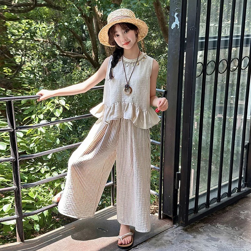 女童夏季套装2026新款洋气儿童无袖夏装时髦宽松阔腿裤棉麻两件套