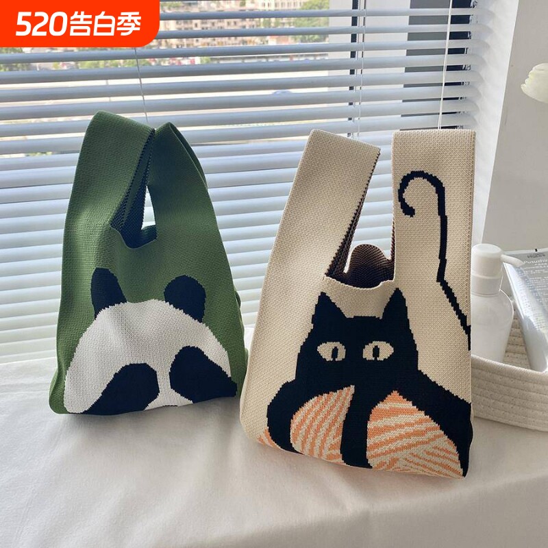 高级感猫咪撞色手工编织包韩版百搭手提小包通勤上班便当袋托 托