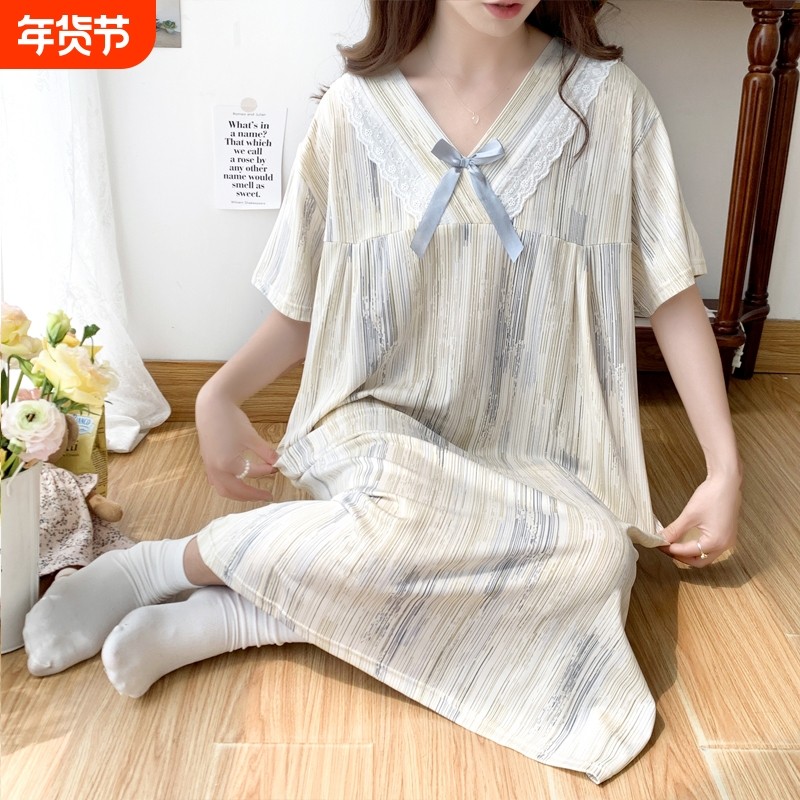 夏季薄款短袖睡裙女大码宽松200斤胖MM家居服学生外出孕妇连衣裙