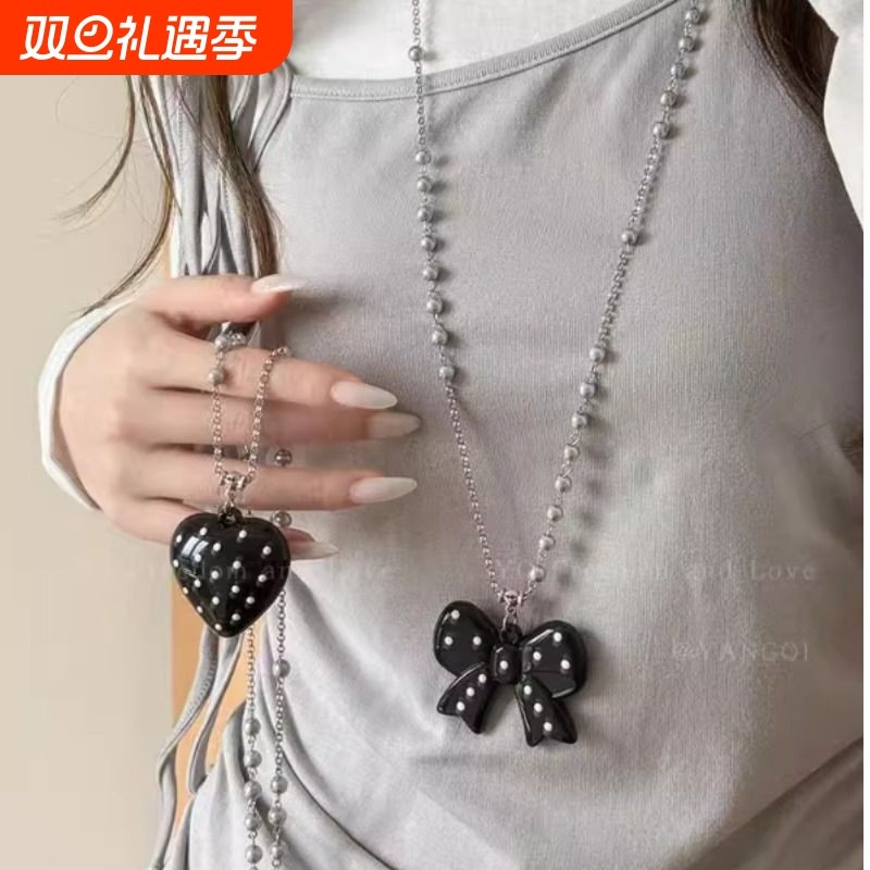 韩系波点蝴蝶结珍珠项链女款简约气质长款吊坠毛衣链小众设计配饰