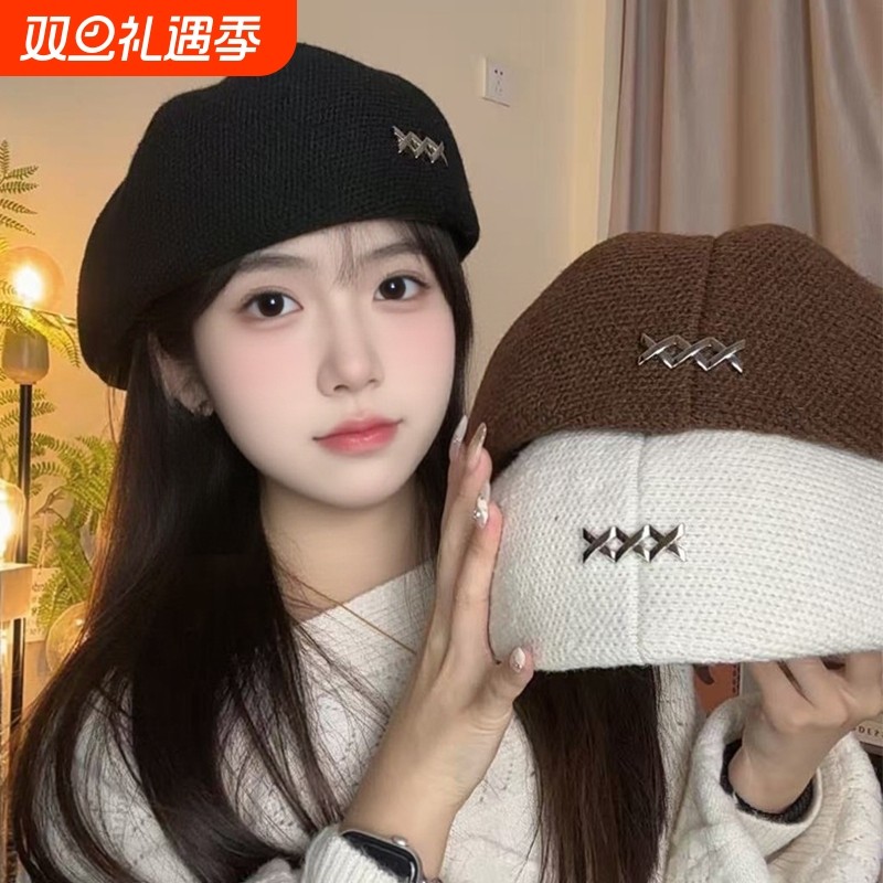 2025新款黑色毛呢贝雷帽女冬季时尚洋气韩系显脸小帽子保暖画家帽