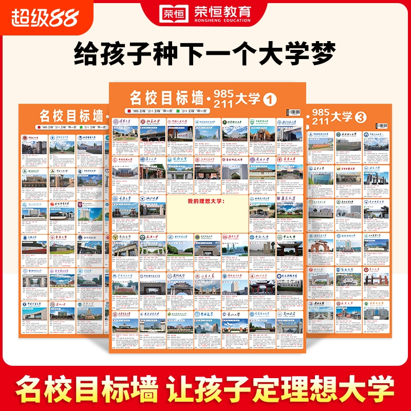 抖音爆款名校目标墙贴985/211全套3张985211大学介绍墙全国百所优质高考高中教室挂图名牌激励榜讲解墙纸重点