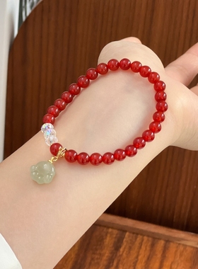 原创天然红玛瑙手串和田玉猫爪本命年女红色吉祥佩戴物