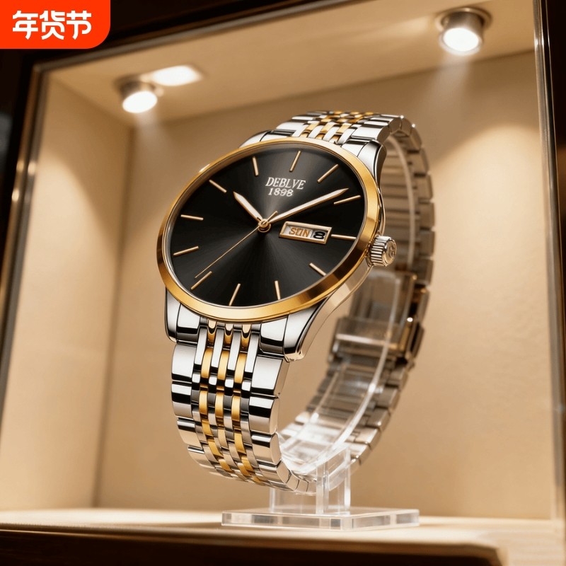 正品瑞士2024新款手表男士全自动机械风防水精钢带双日历男表夜光