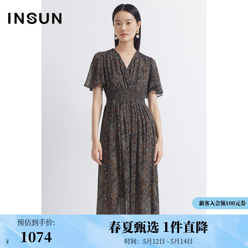 INSUN恩裳夏季复古印花显瘦轻薄连衣裙 女装/女士精品 连衣裙 原图主图