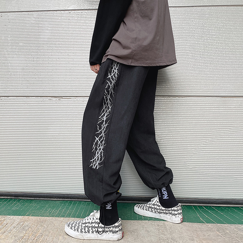 Spring and summer baggy straight pants drawstring print pants men's large