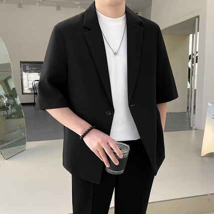 啄木鸟夏季中袖西装外套男2026新款薄款一粒扣潮流宽松小西服上衣
