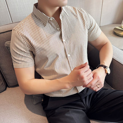 啄木鸟夏季短袖衬衫男2026新款高档休闲通勤条纹百搭商务修身衬衣