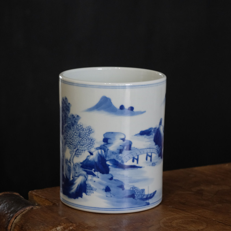 纯手工手绘青花山水笔筒景德镇仿古陶瓷文房摆件用品瓷器笔海