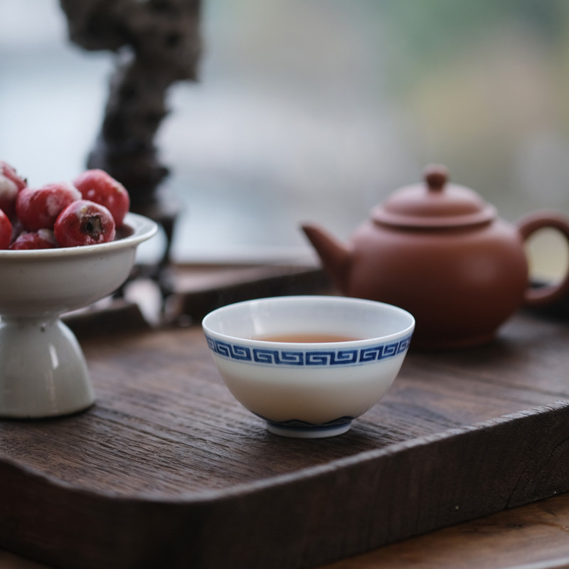 纯手工手绘素雅青花回纹如意主人杯景德镇陶瓷茶杯品茗杯茶杯