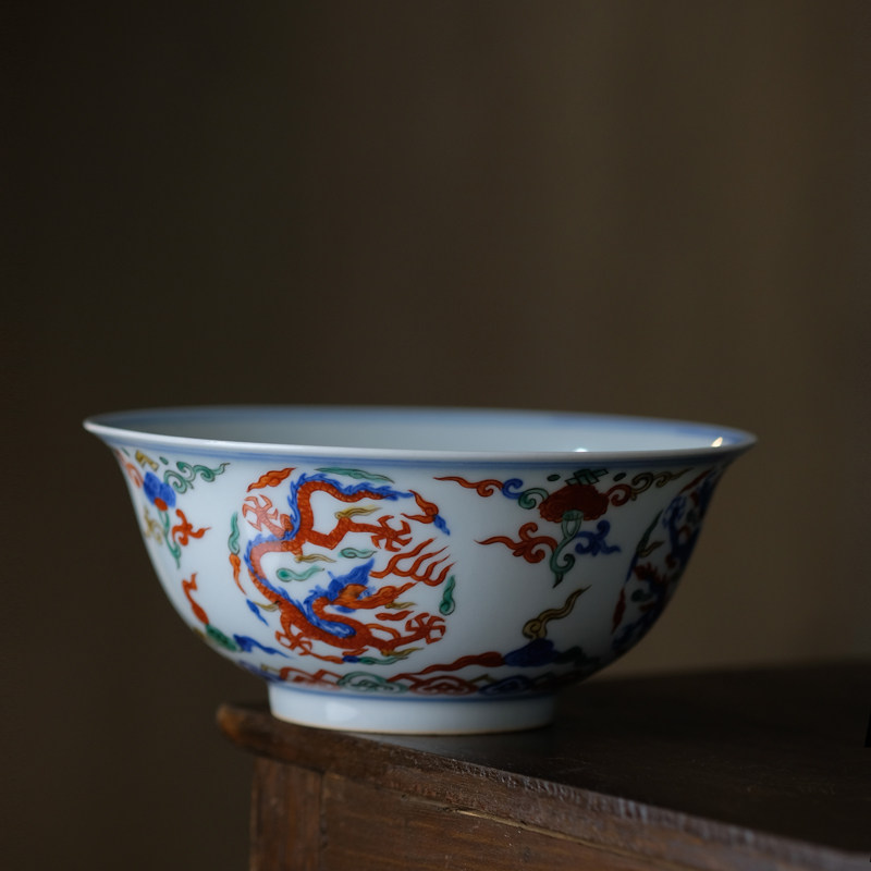 纯手工手绘仿大明嘉靖五彩团龙纹碗景德镇仿古陶瓷碗陈设餐具饭碗