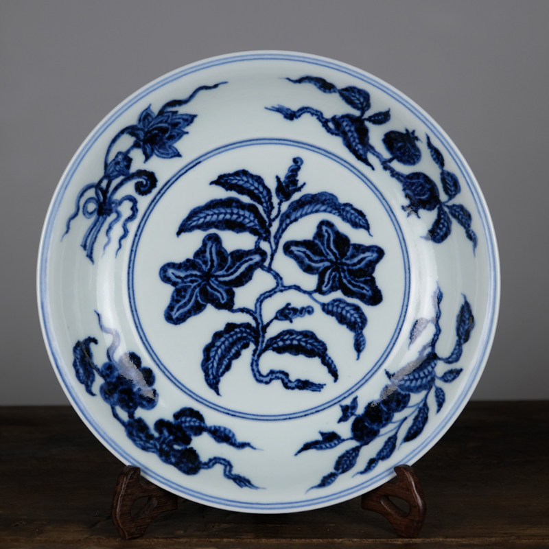 脚踩泥纯手工仿永宣青花栀子花瓷器大赏盘景德镇仿古陶瓷陈设摆件