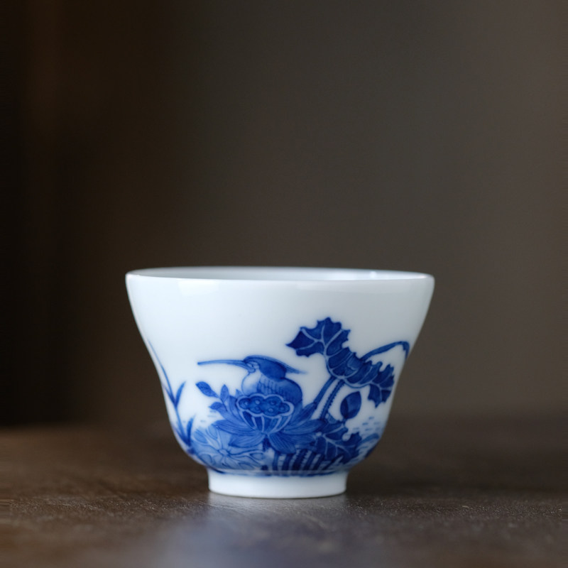 孤品纯手工手绘翠鸟纹折腰杯景德镇传统陶瓷束腰杯主人杯单杯茶具