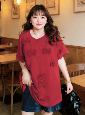 甜觅特大码女装春夏装胖mm300斤重工钉珠蝴蝶结长款新年红色卫衣