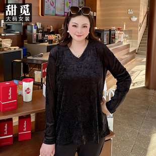胖mm300斤淑女氣質(zhì)滿鉆顯瘦V領(lǐng)網(wǎng)紗打底衫 甜覓特大碼 女裝 2025春裝