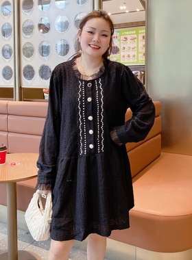 DF甜觅大码女装2023春装胖mm270斤淑女气质网纱拼接蕾丝连衣裙