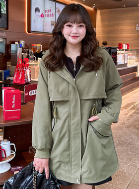 甜觅特大码女装2025春秋季胖mm300斤休闲宽松中长款连帽风衣外套