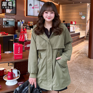胖mm300斤休闲宽松中长款 2025春秋季 连帽风衣外套 女装 甜觅特大码