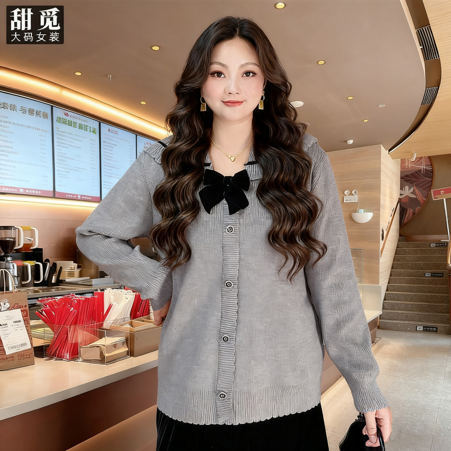 甜觅特大码女装2025秋冬胖mm300斤淑女蝴蝶结大翻领毛衣针织开衫