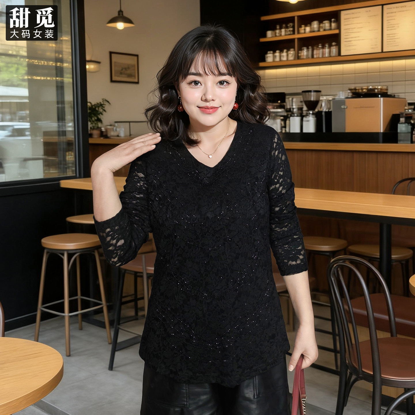 甜觅特大码女装春秋装胖mm280斤淑女气质显瘦精致烫钻V领蕾丝衫