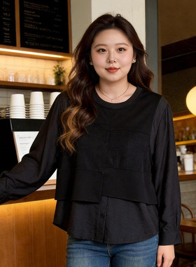 甜觅特大码女装春装胖mm300斤胖妹妹百搭宽松显瘦假两件长袖衬衫