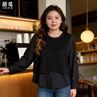 甜觅特大码女装春装胖mm300斤胖妹妹百搭宽松显瘦假两件长袖衬衫