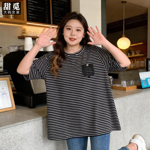 甜觅特大码女装夏装胖mm300斤胖妹妹蕾丝拼接显瘦宽松针织圆领T恤