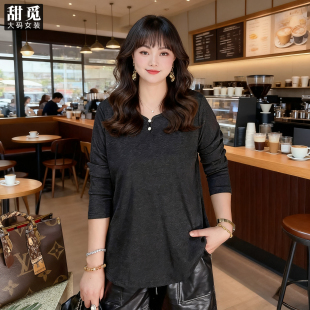 纽扣点缀水滴领针织衫 甜觅特大码 胖mm300斤时尚 2025春秋装 T恤 女装