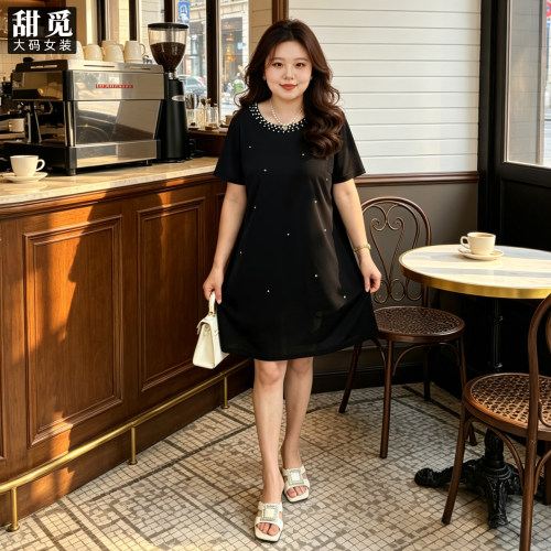 甜觅特大码女装夏装胖mm300斤淑女气质精致重工钉珠显瘦连衣裙