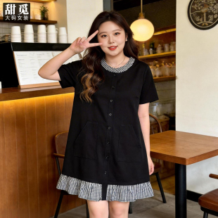 胖mm300斤胖妹妹小黑裙格子拼接宽松连衣裙 夏装 甜觅特大码 女装