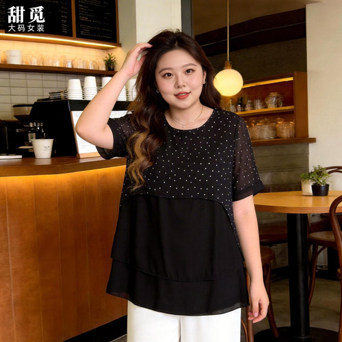 甜觅特大码女装夏装胖mm300斤气质淑女波点中长款短袖宽松雪纺衫