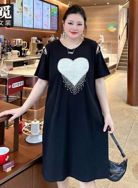 甜觅特大码女装夏装胖mm320斤爱心烫钻中长款宽松连衣裙DF