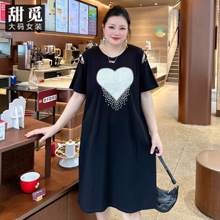 甜觅特大码女装夏装胖mm320斤爱心烫钻中长款宽松连衣裙DF