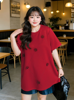甜觅特大码女装春夏装胖mm300斤洋气宽松中长款短袖新年红色卫衣