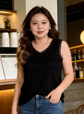 甜觅特大码女装夏装胖mm300斤胖妹妹蕾丝花边针织衫V领打底小背心
