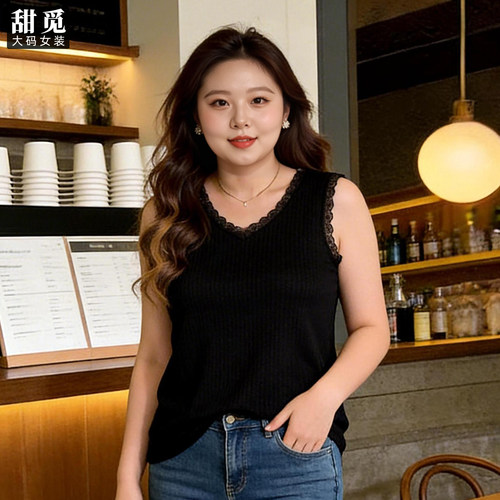 甜觅特大码女装夏装胖mm300斤胖妹妹蕾丝花边针织衫V领打底小背心