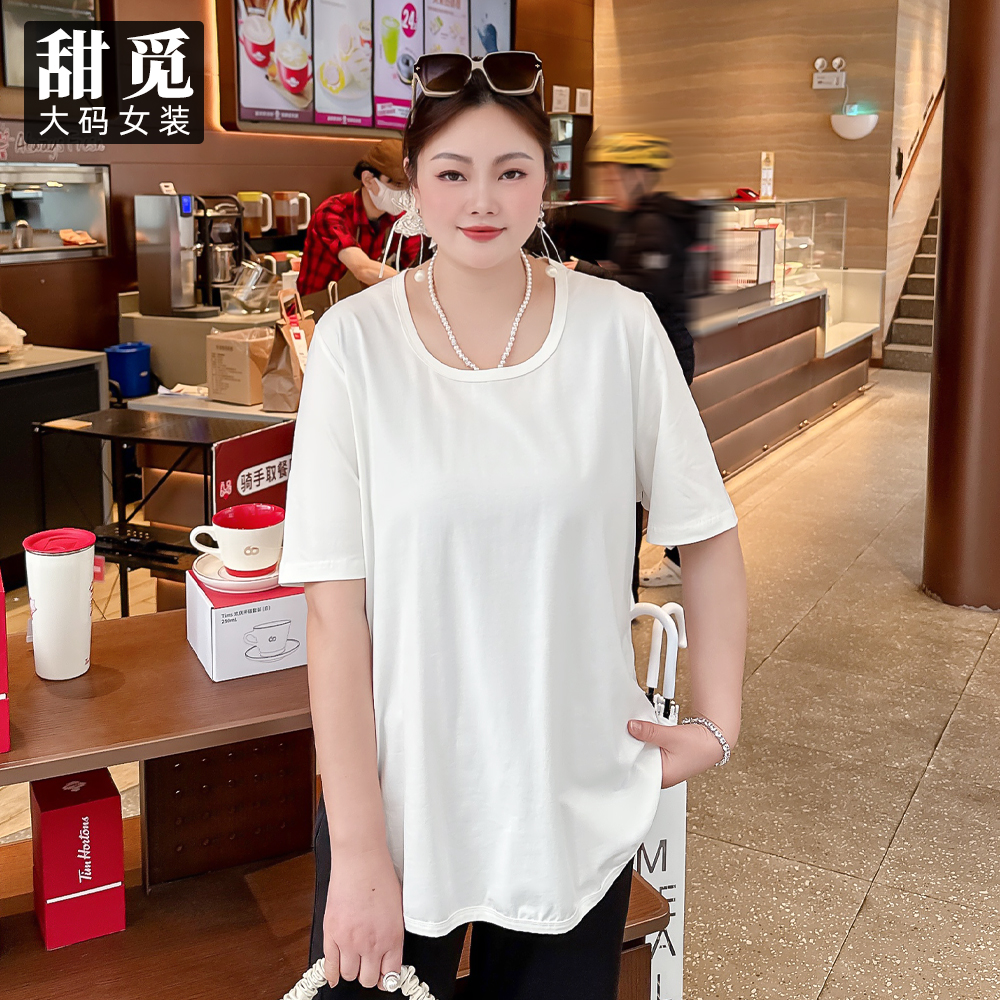甜觅特大码女装2025夏季胖mm300斤字母花朵印花中长款宽松棉T恤DF
