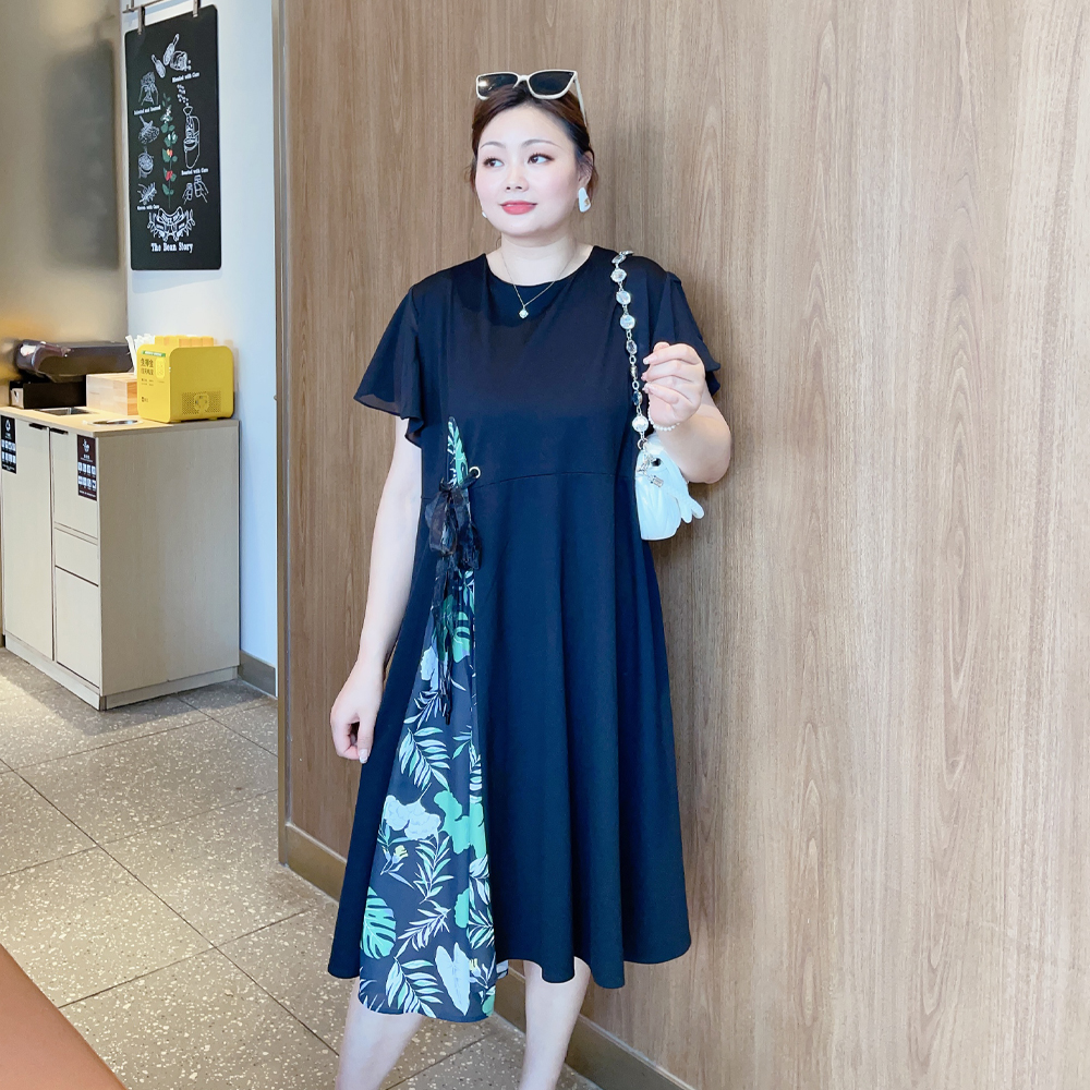 甜觅大码女装2023夏装新款300斤时尚淑女中长款宽松雪纺连衣裙DF