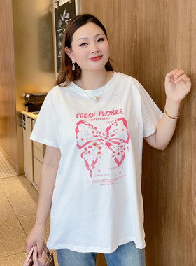 甜觅特大码女装2023夏装胖mm320斤时尚蝴蝶字母印花宽松T恤DF