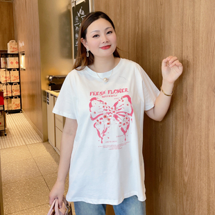 胖mm320斤時(shí)尚 甜覓特大碼 女裝 2023夏裝 蝴蝶字母印花寬松T恤DF